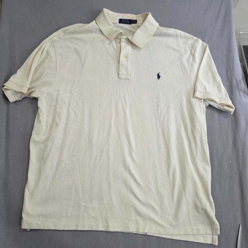 Polo Ralph Lauren Mens 2XB Cream Beige Short Sleeve Pique Polo Shirt Navy Pony